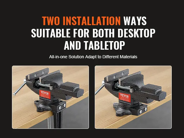 VEVOR bench vise installed on a desktop and tabletop, showcasing two versatile installation options.