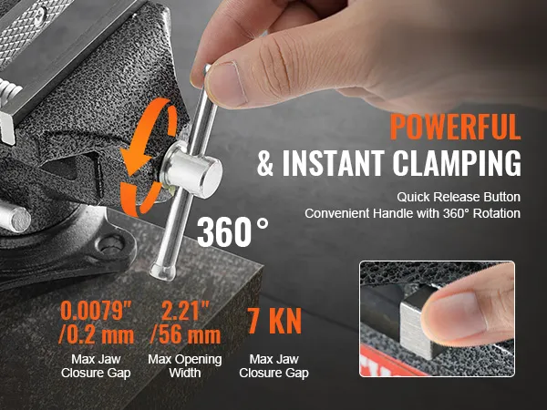 VEVOR bench vise with quick release and 360° rotation, powerful clamping, convenient handle.