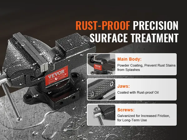 VEVOR bench vise with rust-proof precision surface treatment, powder-coated body, and rust-proof jaws.