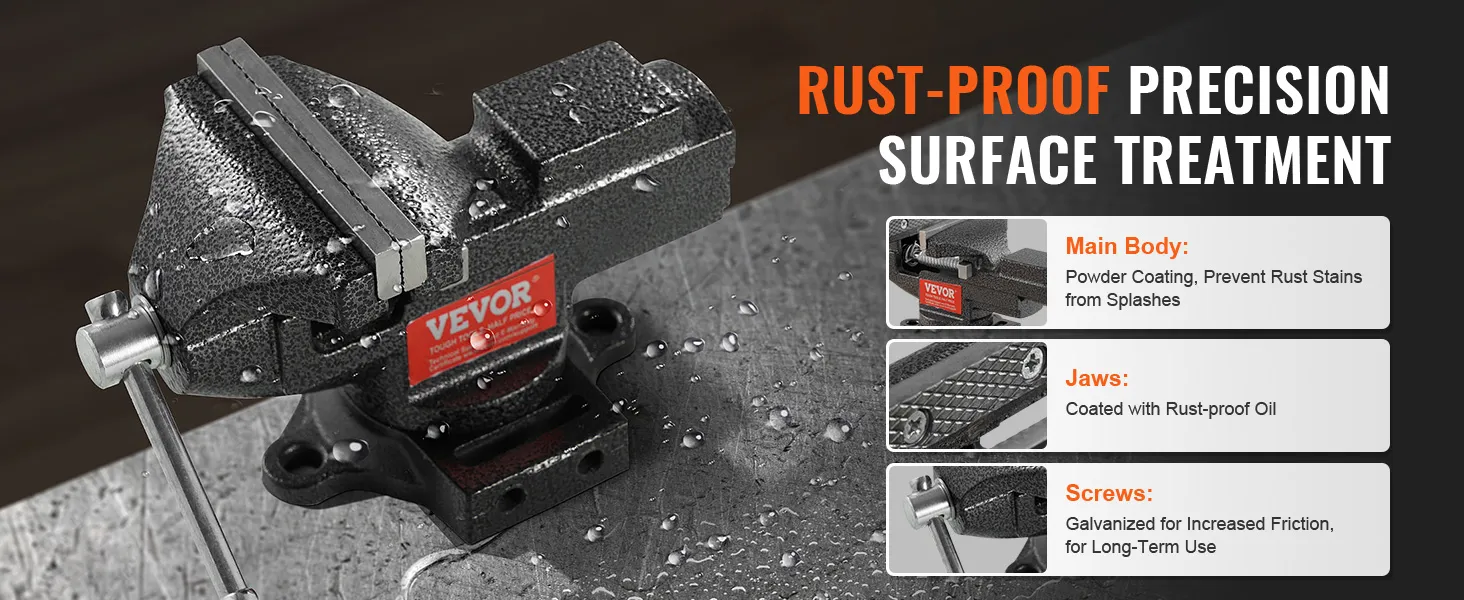 VEVOR bench vise with rust-proof precision surface treatment, powder-coated body, and rust-proof jaws.