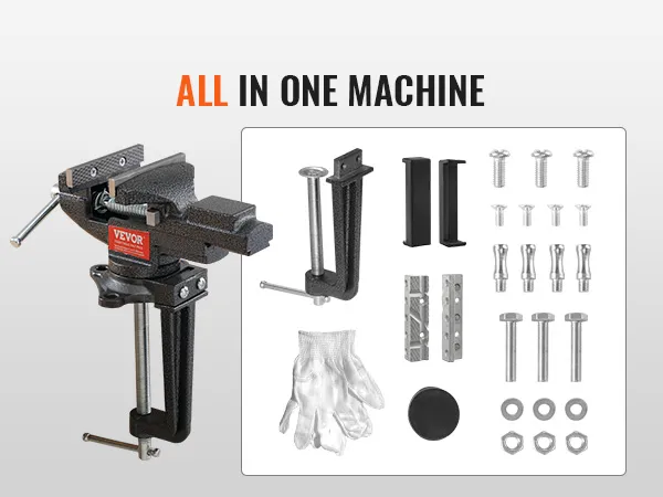 VEVOR bench vise with accessories including bolts, nuts, washers, gloves, and mounting brackets.
