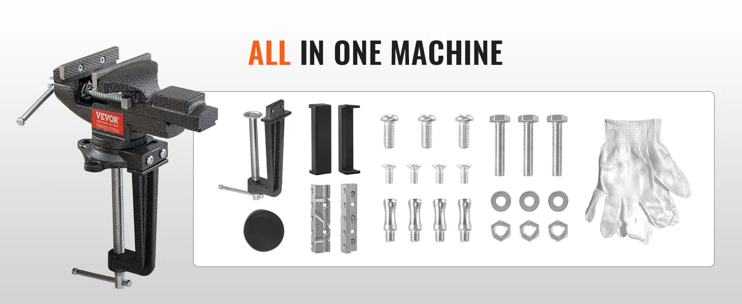VEVOR bench vise with accessories including bolts, nuts, washers, gloves, and mounting brackets.