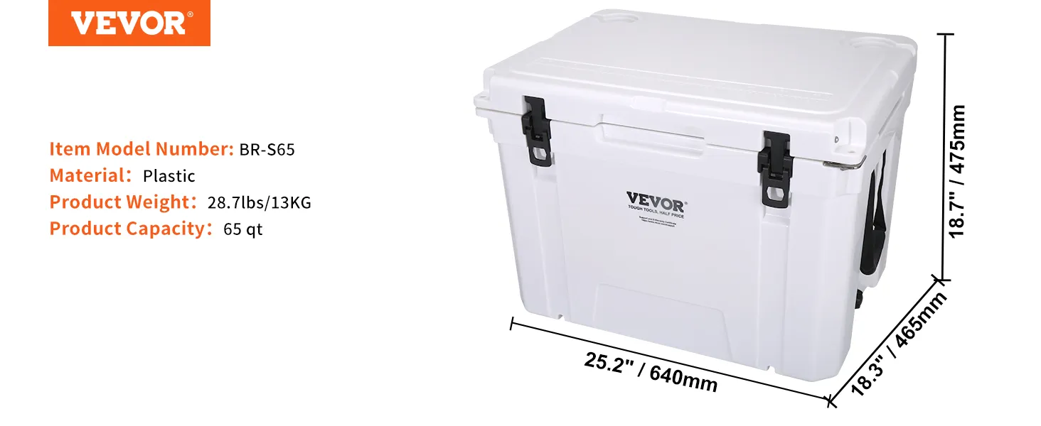 white VEVOR portable cooler with 65 qt capacity, black latches, and measurements of 25.2" x 18.3" x 18.7".