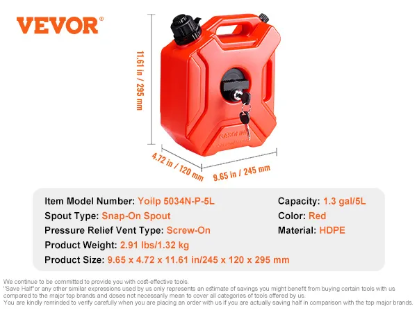 VEVOR water can, red hdpe, 5l capacity, snap-on spout, screw-on vent, 11.61"x9.65"x4.72".