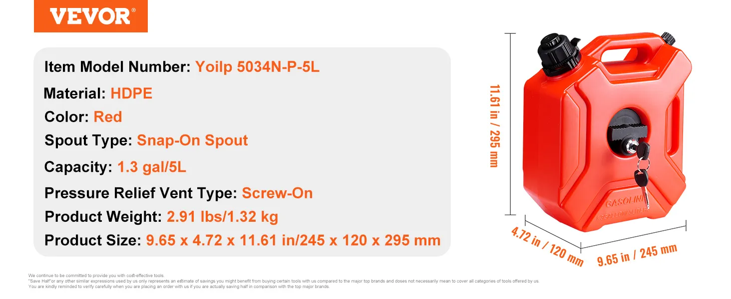 VEVOR water can, red hdpe, 5l capacity, snap-on spout, screw-on vent, 11.61"x9.65"x4.72".