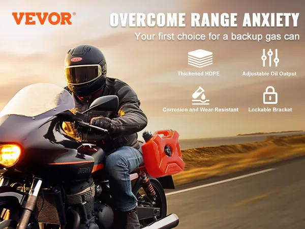 motorcyclist with VEVOR water can on a coastal road, emphasizing durability, oil output, and lockable features.