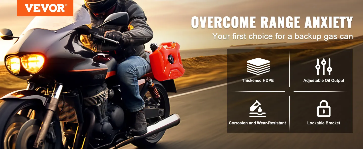motorcyclist with VEVOR water can on a coastal road, emphasizing durability, oil output, and lockable features.