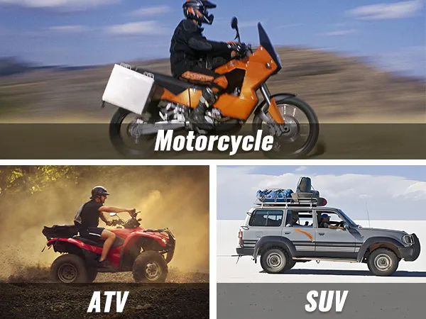 motorcycle, atv, and suv in diverse terrains, showcasing outdoor adventure with VEVOR water can.