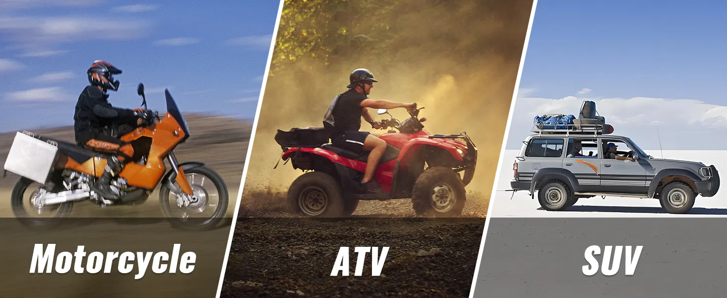 motorcycle, atv, and suv in diverse terrains, showcasing outdoor adventure with VEVOR water can.