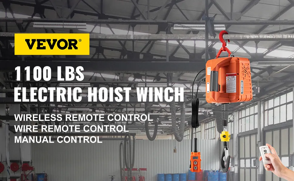 VEVOR electric hoist winch 1100 lbs with wireless, wire, and manual controls in warehouse.