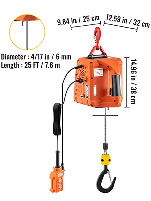 orange VEVOR electric hoist winch with dimensions, hook, and remote control.