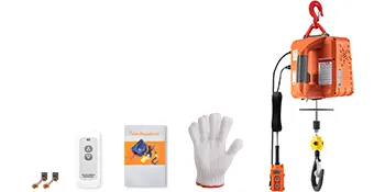 VEVOR electric hoist winch with accessories, remote control, gloves, and manual.