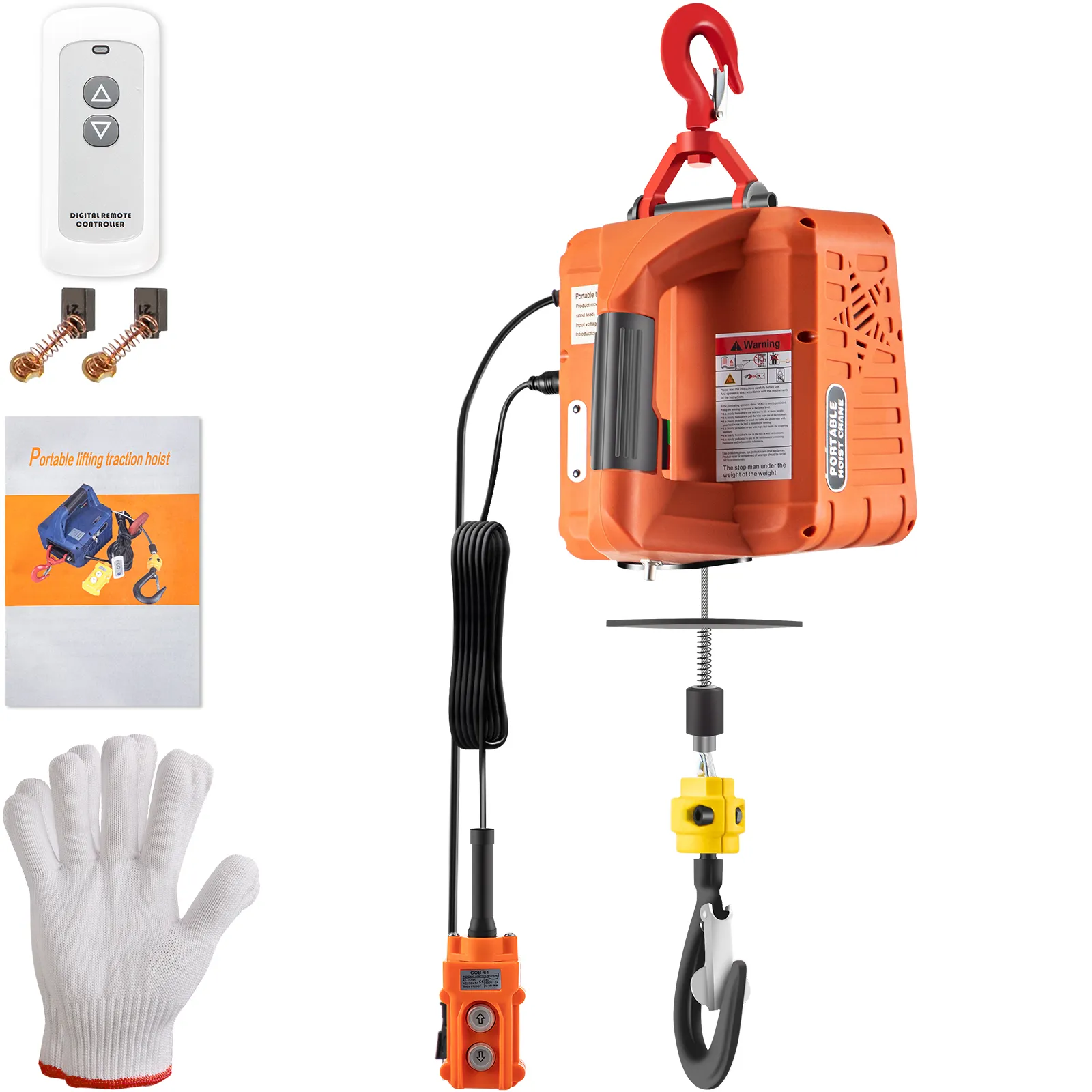 VEVOR electric hoist winch with remote control, glove, and manual, showcasing its components.