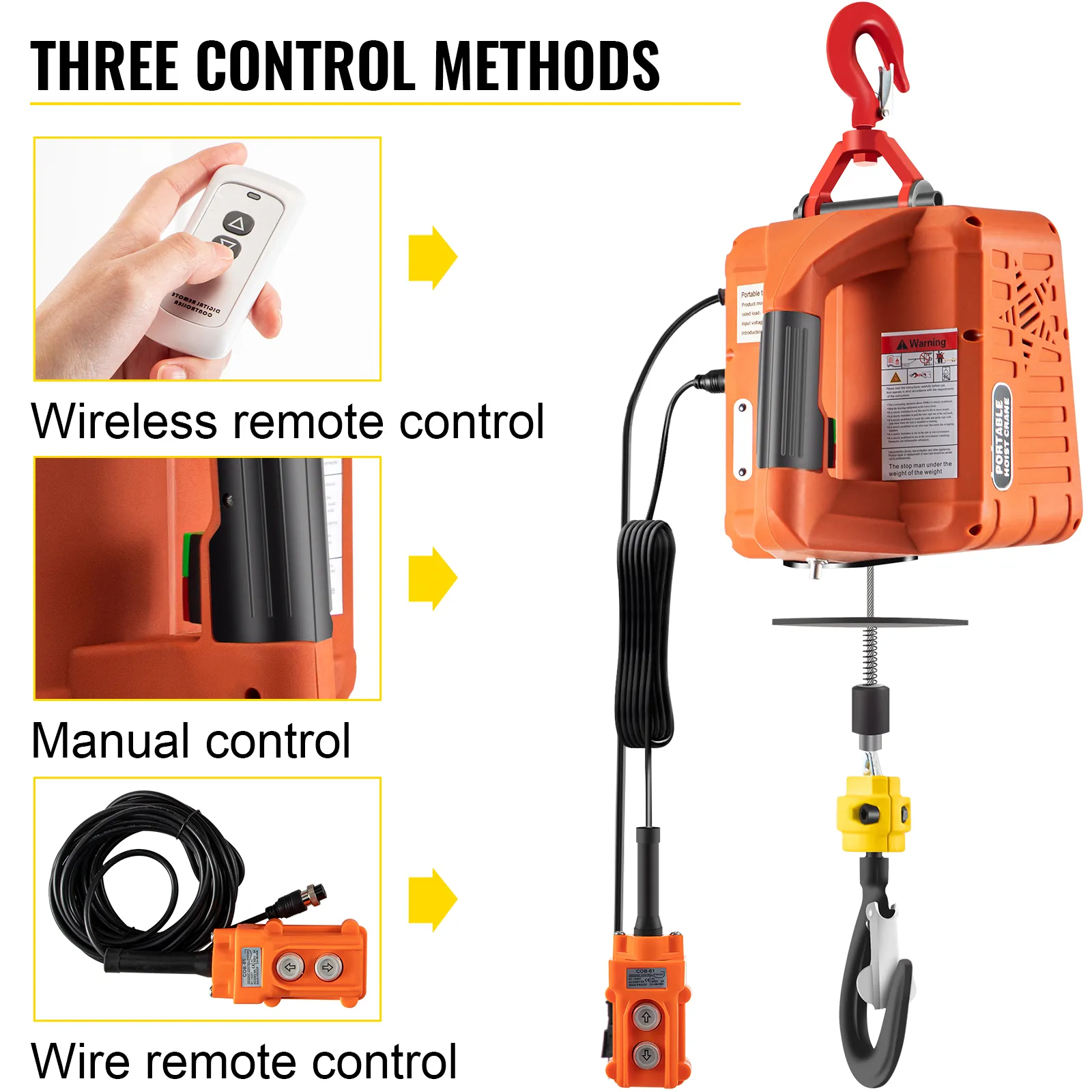 VEVOR electric hoist winch with remote, manual, and wire remote control options.