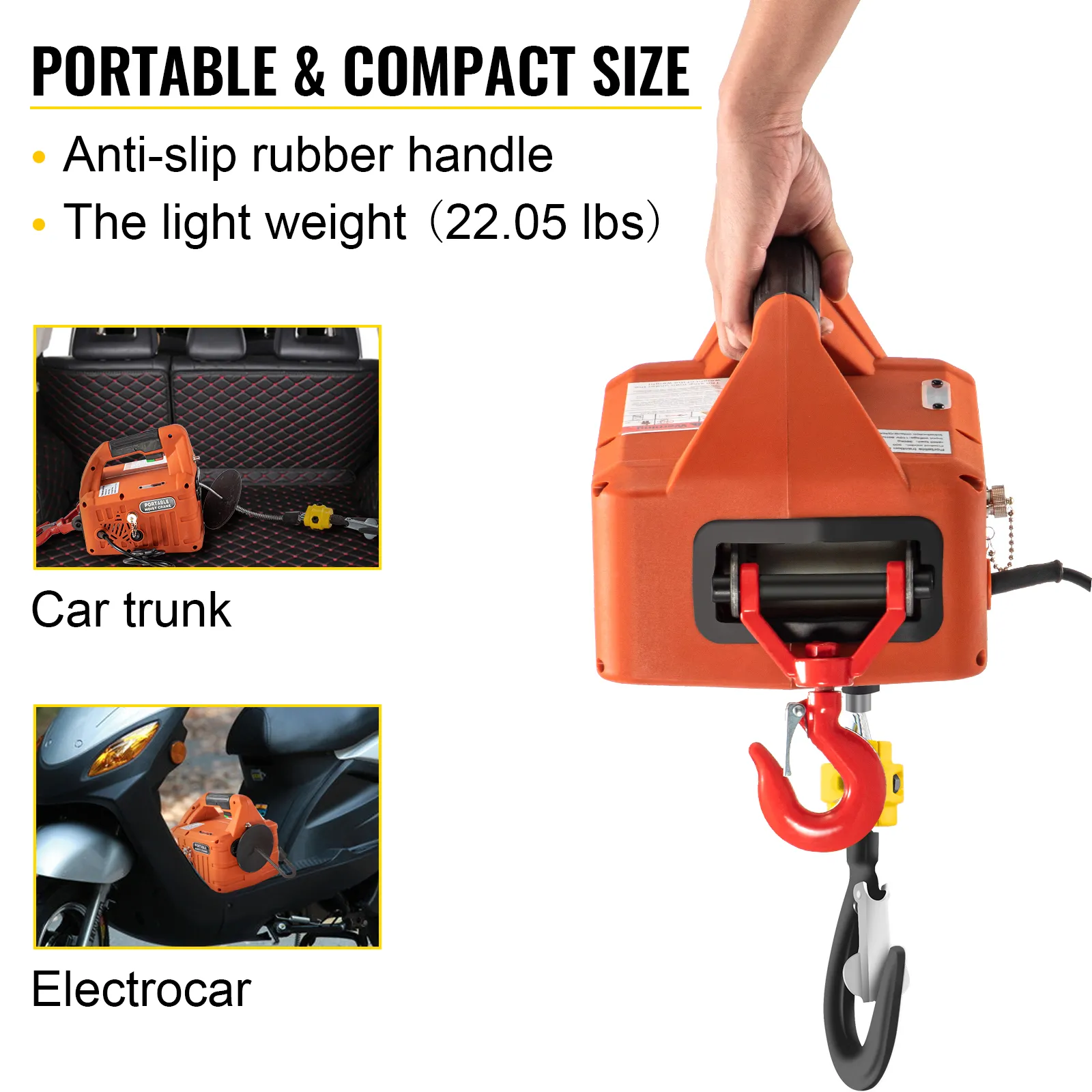 VEVOR electric hoist winch with anti-slip handle shown in trunk and on an electroscooter.