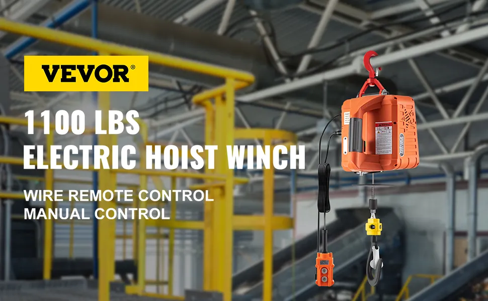 VEVOR electric hoist, 1100 lbs capacity with wire remote and manual control.