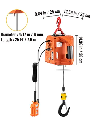 VEVOR electric hoist, orange, with hook and control unit, dimensions shown.