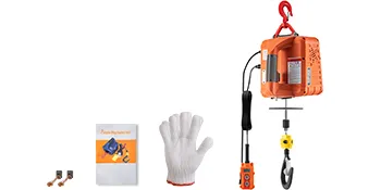 VEVOR electric hoist, gloves, control switch, user manual, connectors, lifting hook.