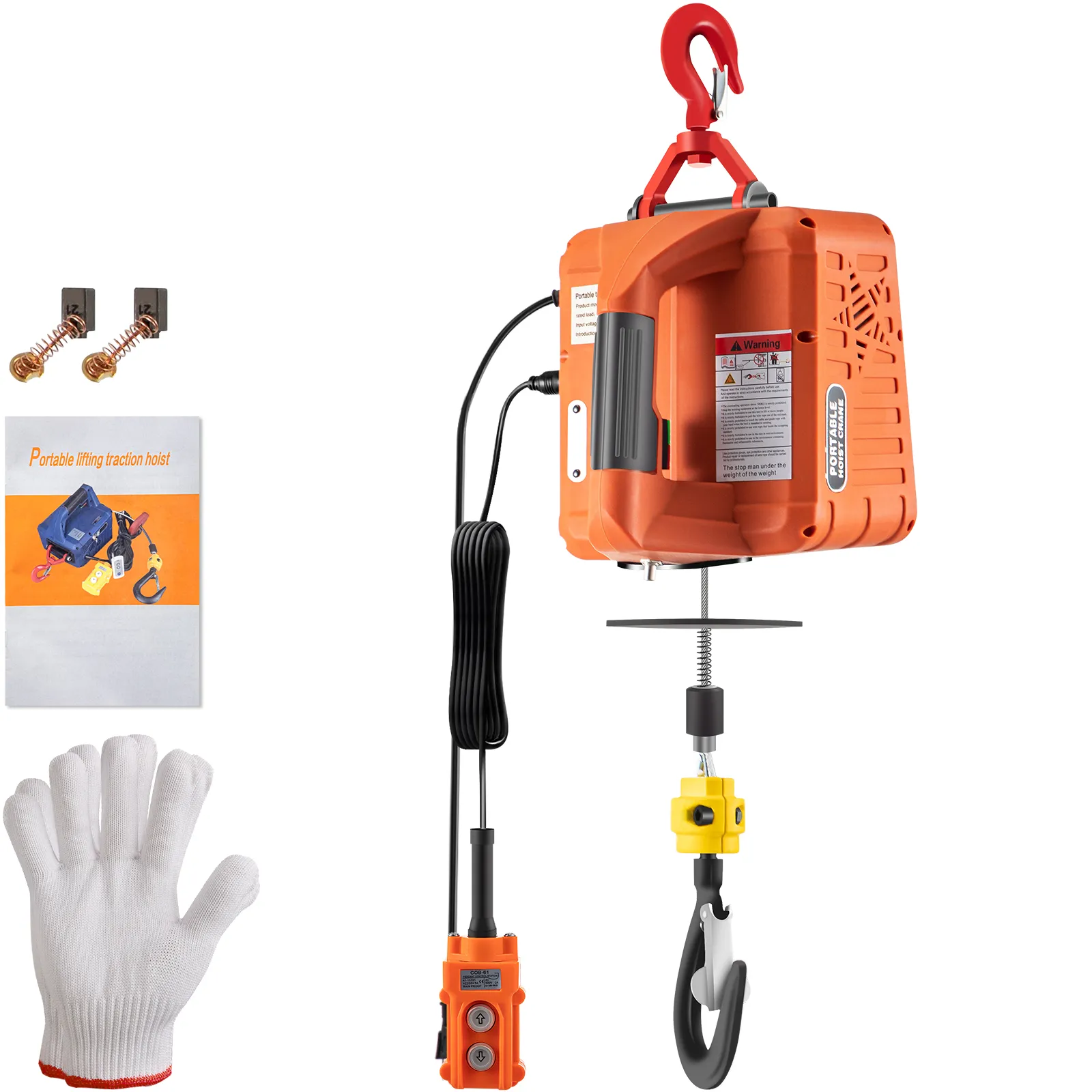 VEVOR electric hoist with gloves, instruction manual, and accessory components.