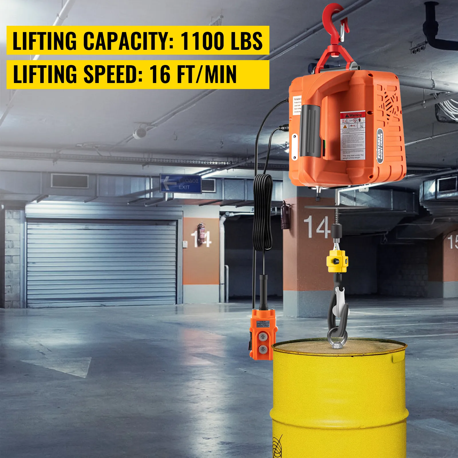 VEVOR electric hoist lifting a yellow barrel in a garage; capacity 1100 lbs, speed 16 ft/min.
