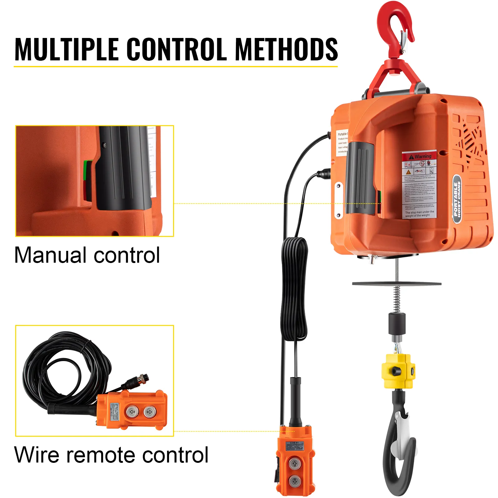 VEVOR electric hoist with manual and wire remote control features.