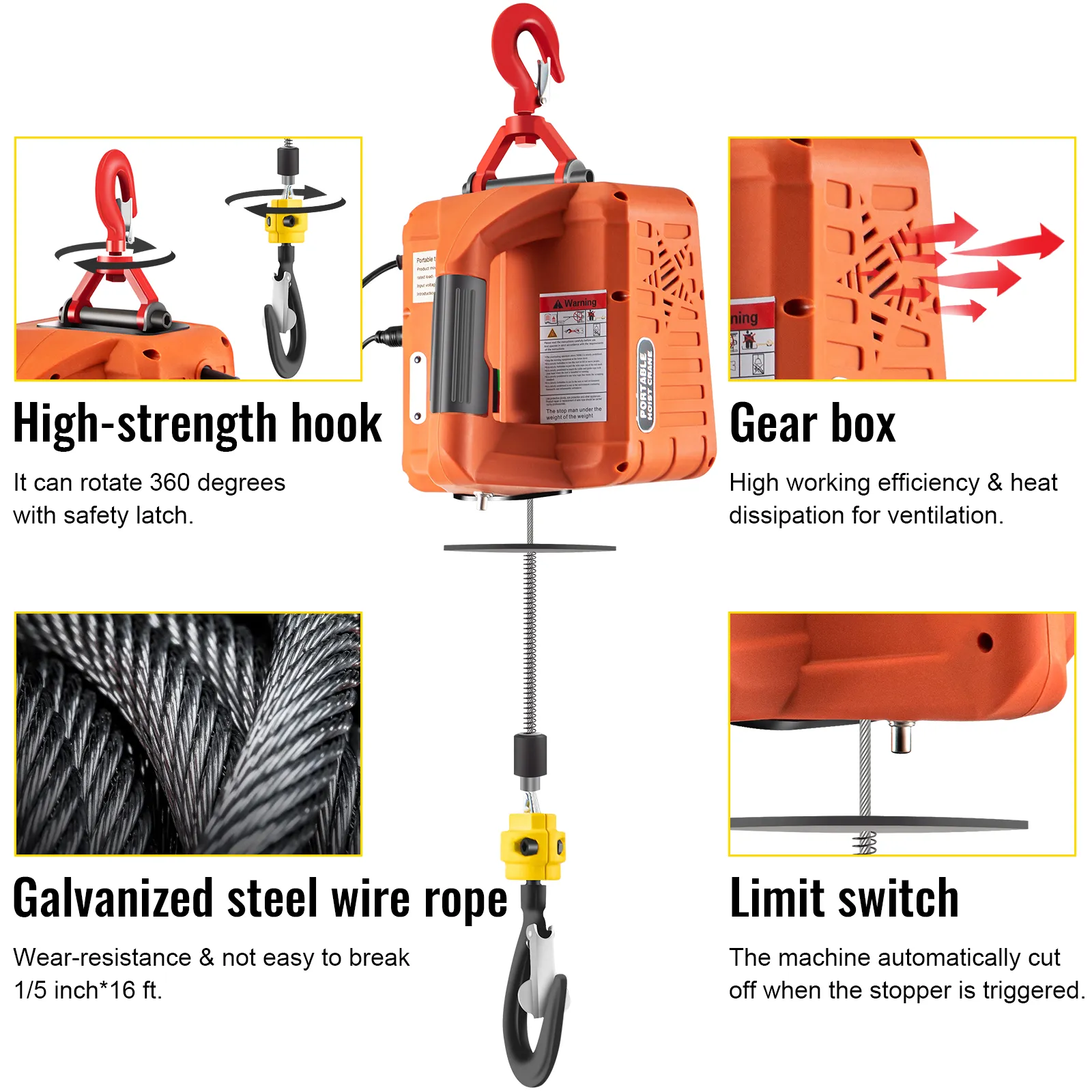 VEVOR electric hoist with high-strength hook, gear box, galvanized steel wire rope, limit switch.