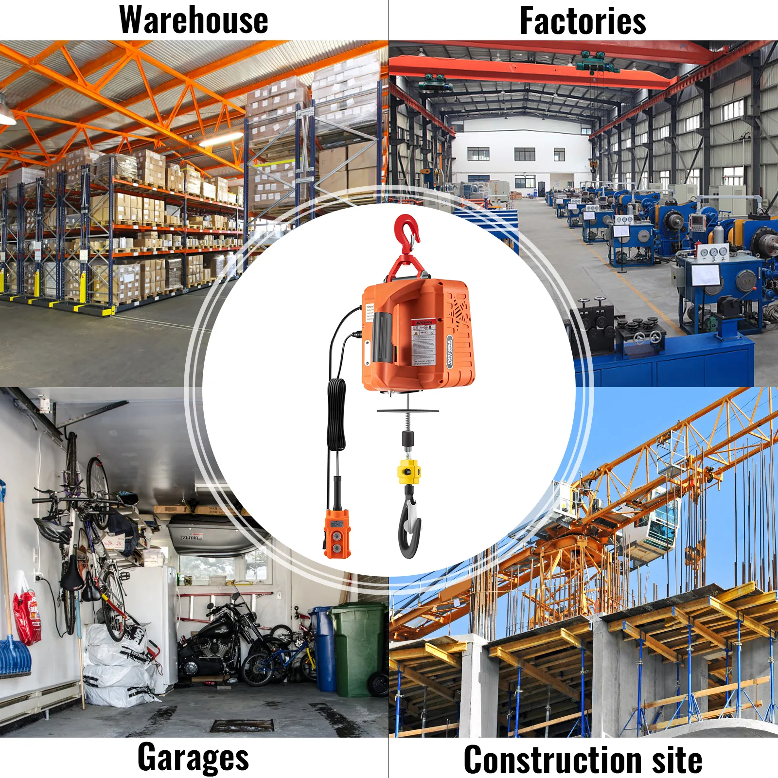 VEVOR electric hoist in warehouses, factories, garages, and construction sites.
