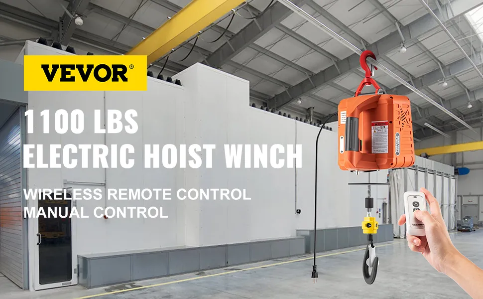 VEVOR electric hoist winch with wireless remote control in industrial setting.