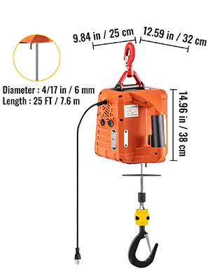 VEVOR electric hoist winch with dimensions and cable specifications.