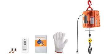 VEVOR electric hoist winch with accessories, including remote, gloves, and instruction manual.