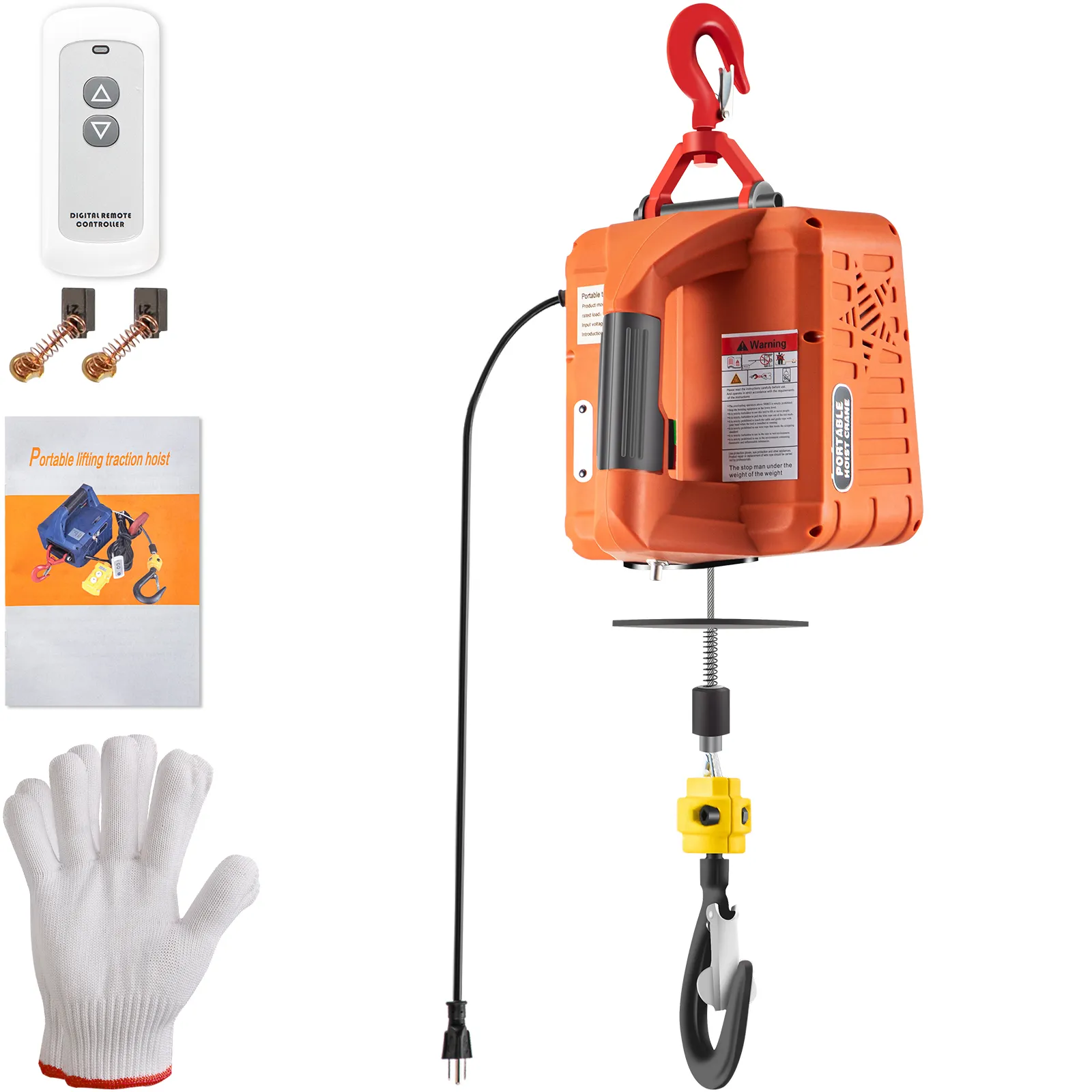 VEVOR electric hoist winch with remote, manual, and safety glove.