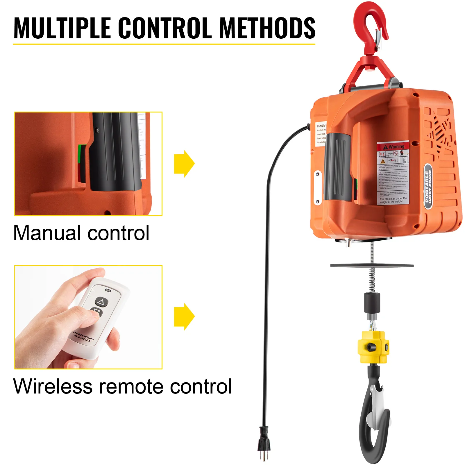 VEVOR electric hoist winch with manual and wireless remote control options.