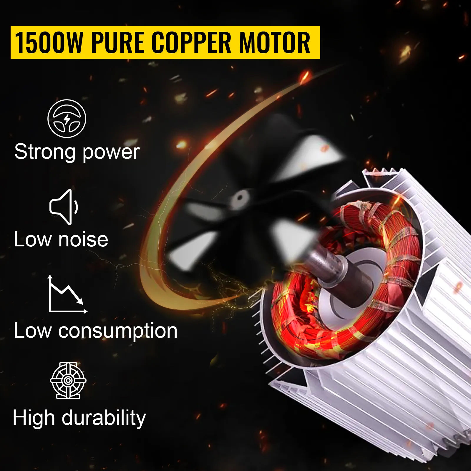 1500w pure copper motor highlighting strong power, low noise, low consumption, and high durability.