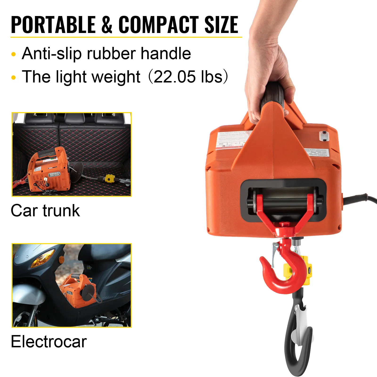 VEVOR electric hoist winch in car trunk and on electric scooter, light and portable.