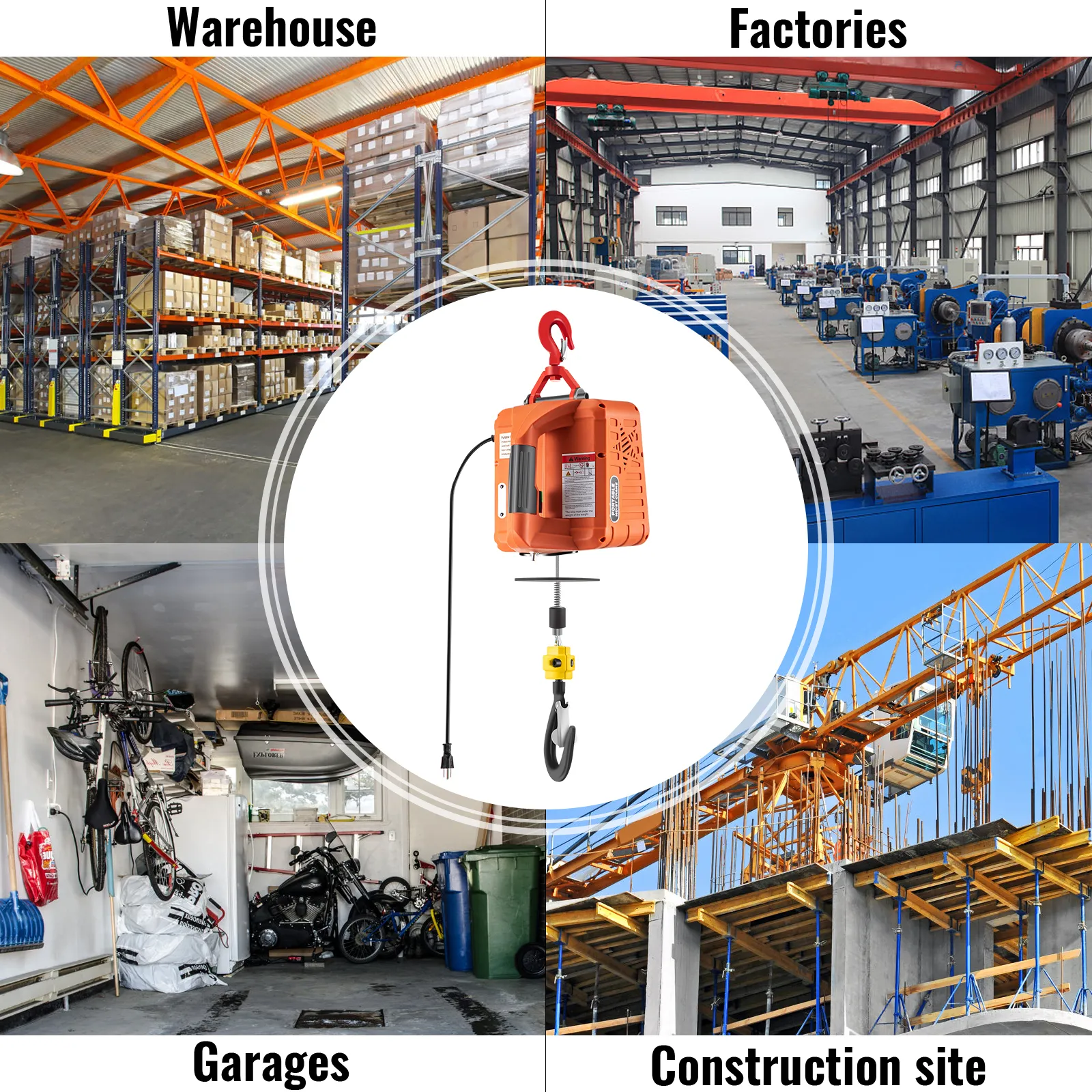 VEVOR electric hoist winch for warehouse, factories, garages, and construction sites.