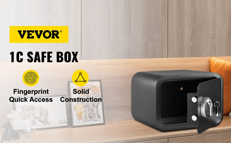 VEVOR safe box with fingerprint quick access and solid construction on a wooden shelf.