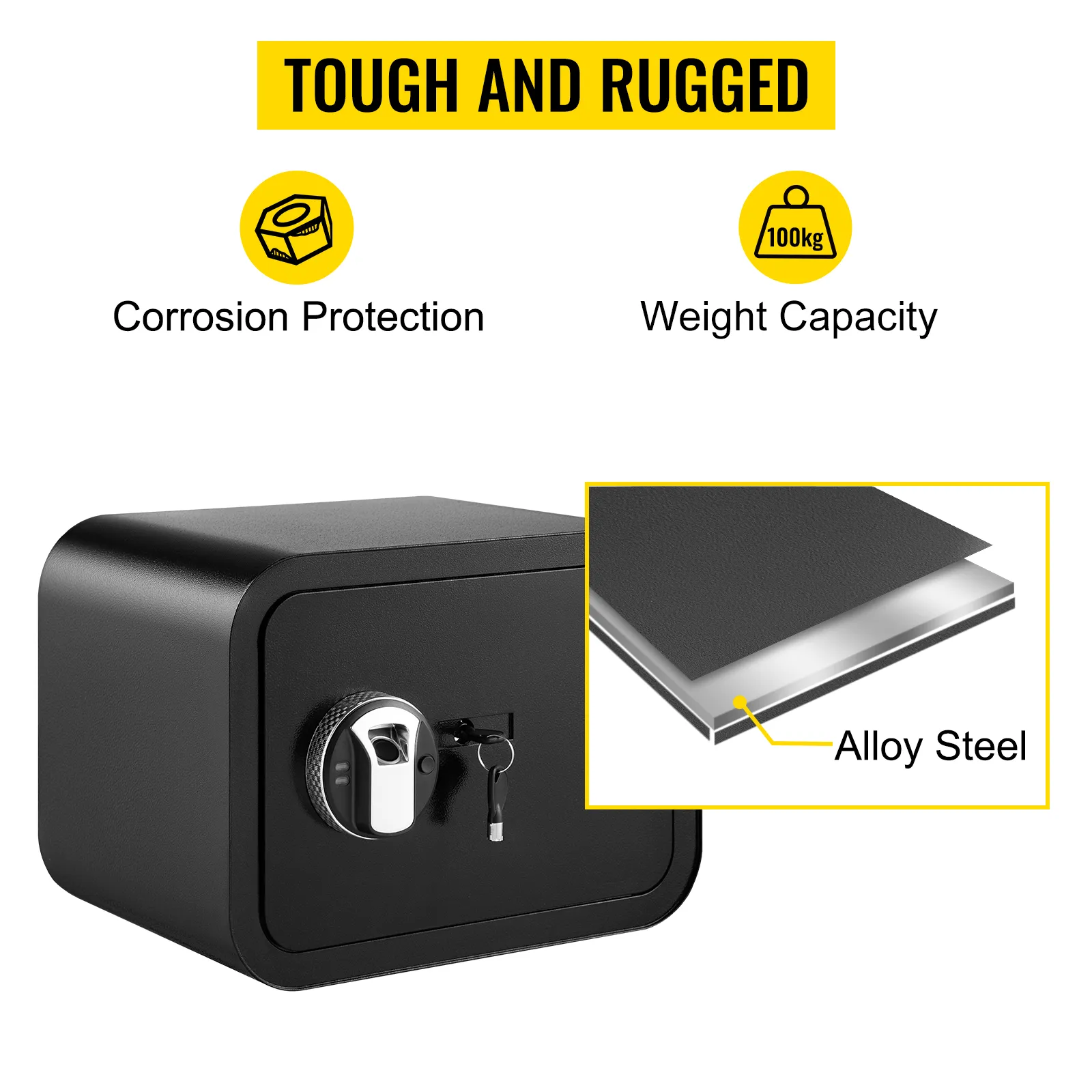VEVOR safe box with alloy steel construction, corrosion protection, and 100kg capacity.