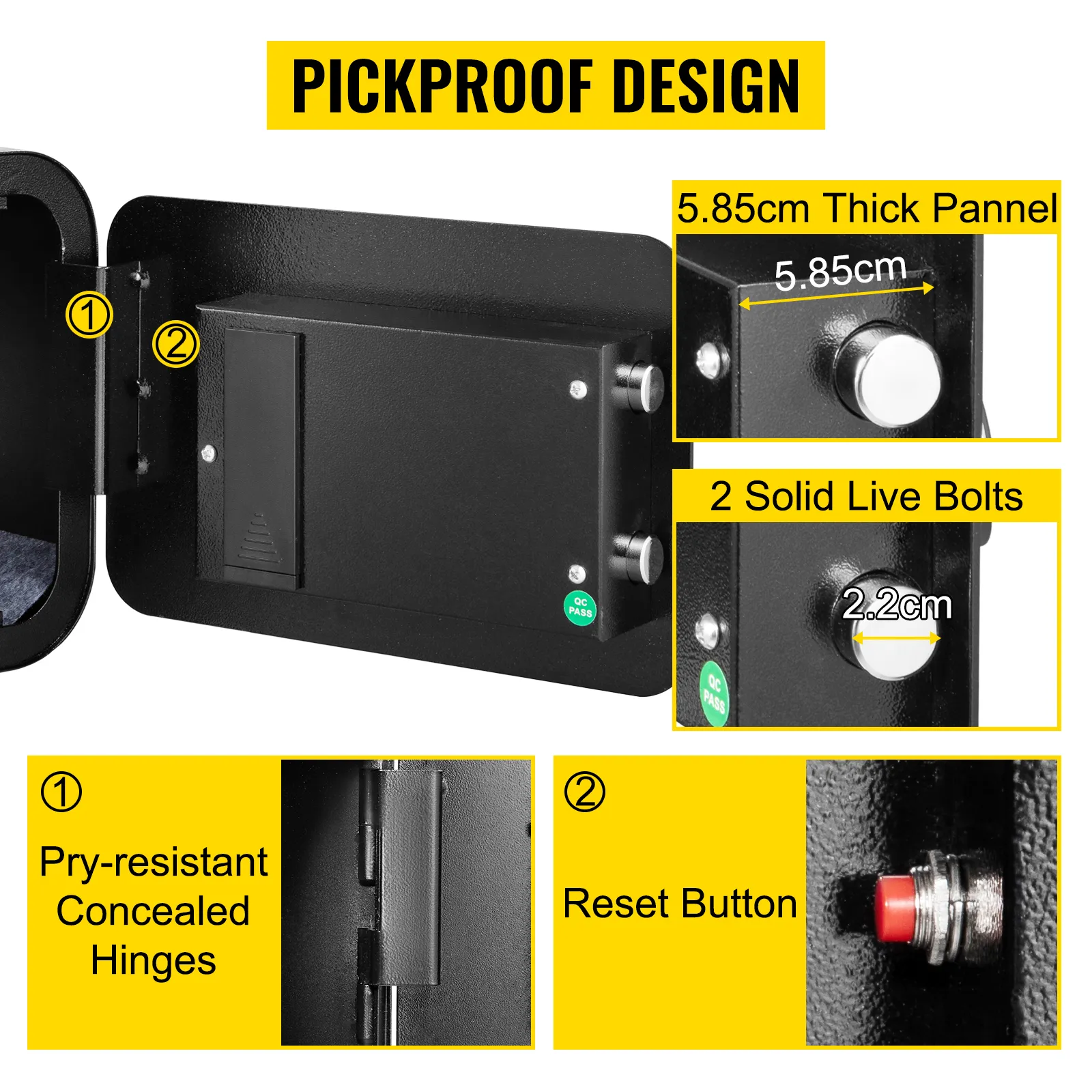VEVOR safe box with 5.85cm thick panel, 2 solid live bolts, and pry-resistant hinges.