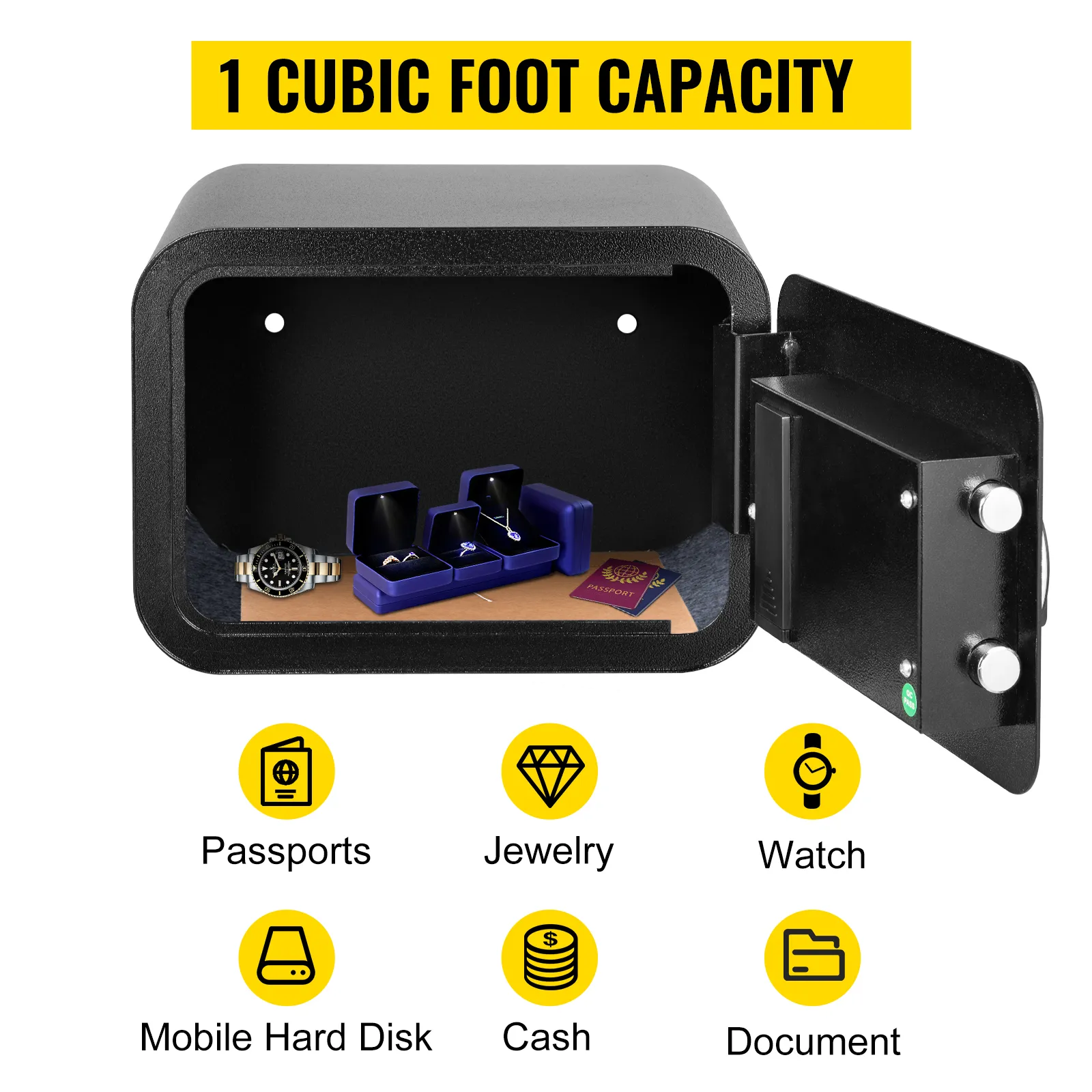 VEVOR safe box with 1 cubic foot capacity for passports, jewelry, watch, cash, documents.