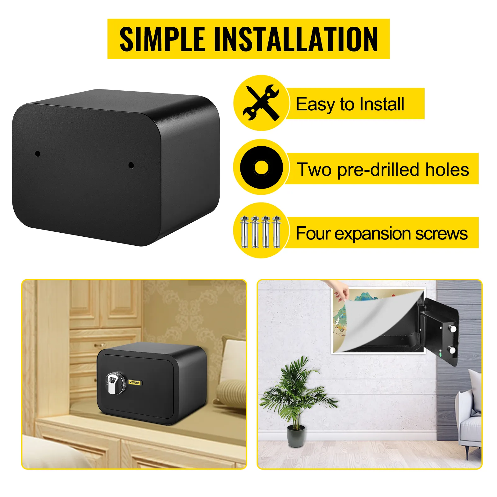 VEVOR safe box with easy installation, two pre-drilled holes, and four expansion screws.