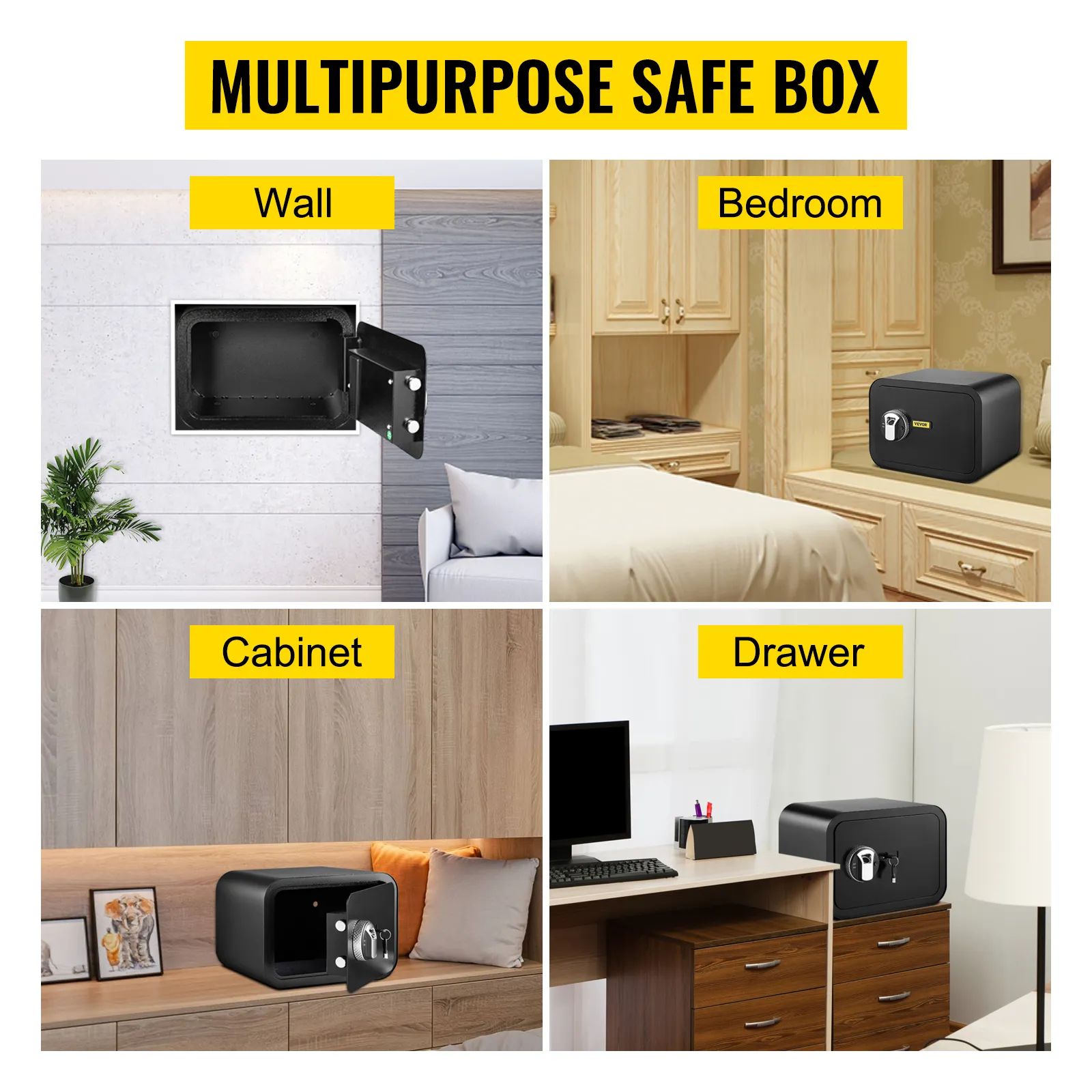 VEVOR safe box displayed in wall, bedroom, cabinet, and drawer settings.