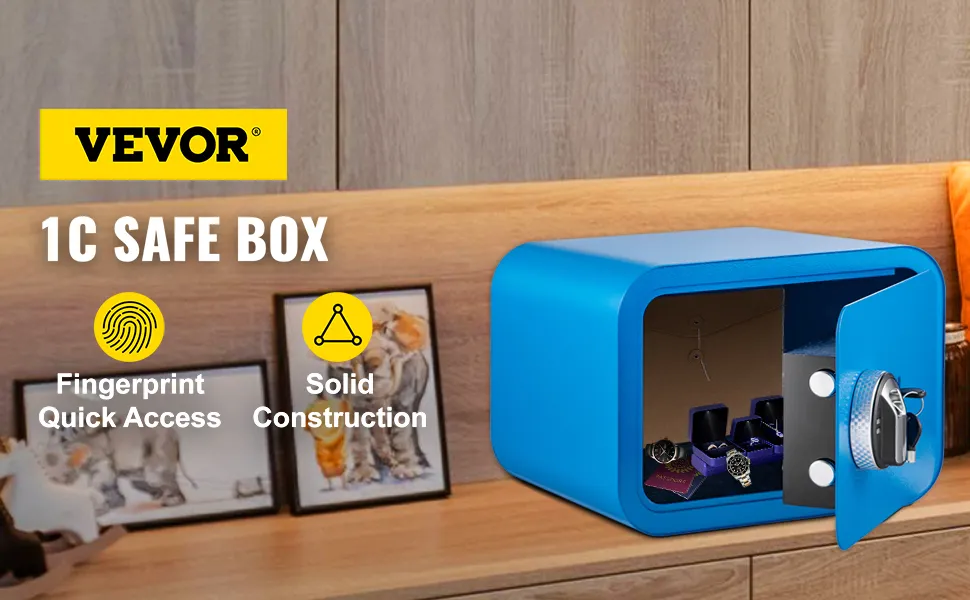 VEVOR safe box with fingerprint quick access and solid construction in blue on a wooden table.