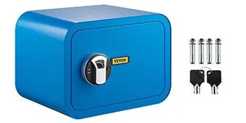 blue VEVOR safe box with lock, keys, and mounting bolts.