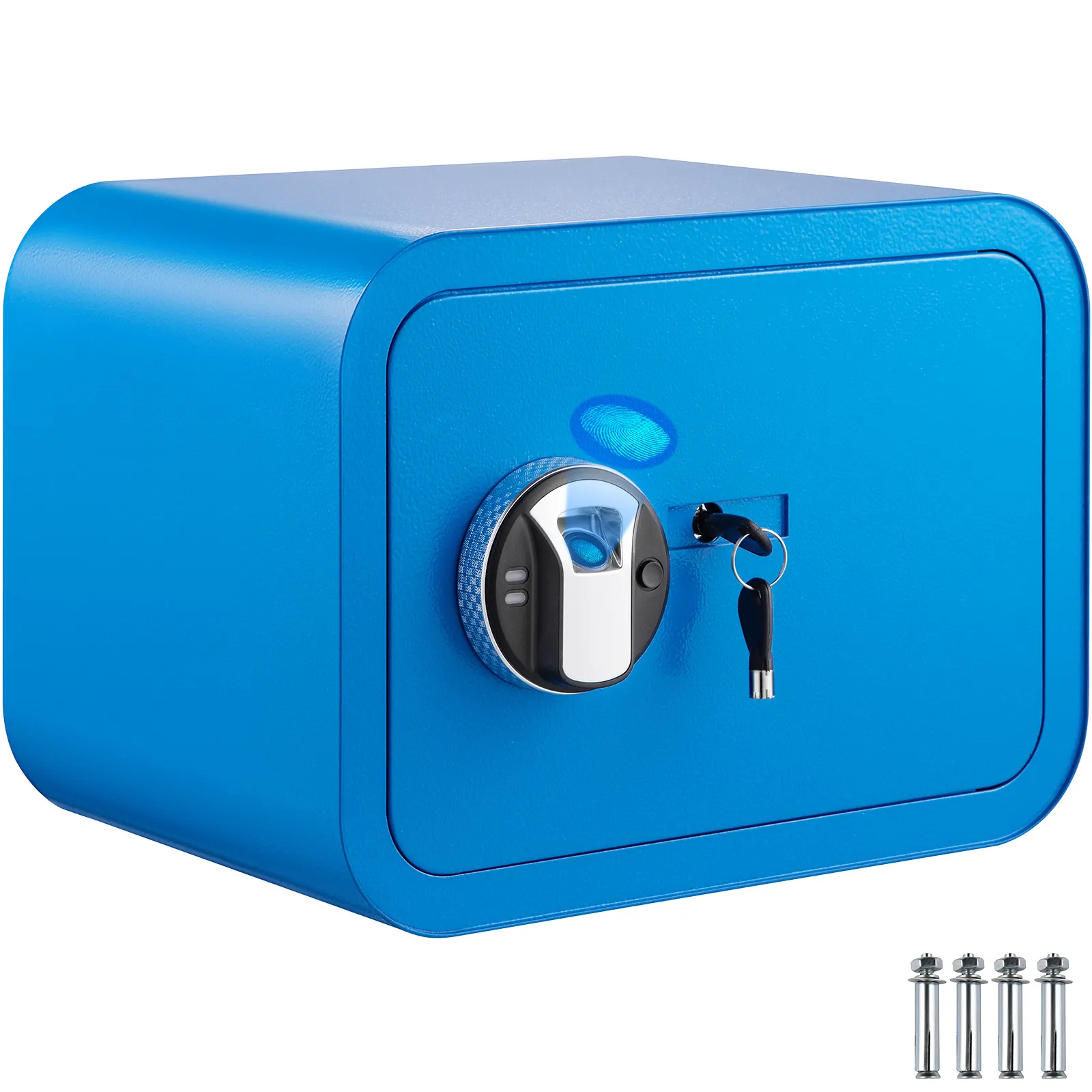 blue VEVOR safe box with biometric lock and keys, shown with mounting bolts.
