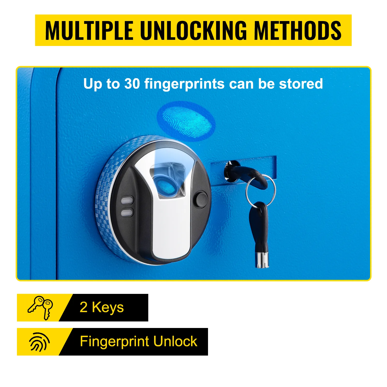 VEVOR safe box with fingerprint and key lock, stores up to 30 fingerprints.