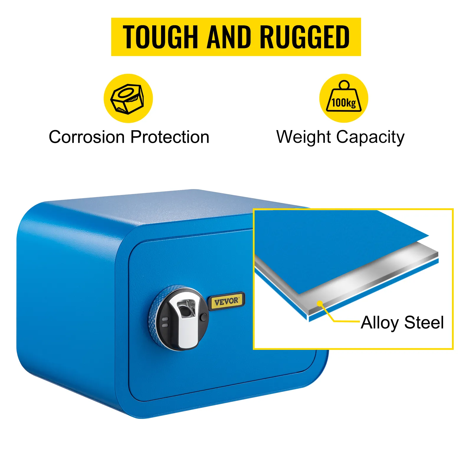 VEVOR safe box, blue, alloy steel, corrosion protection, 100kg weight capacity.