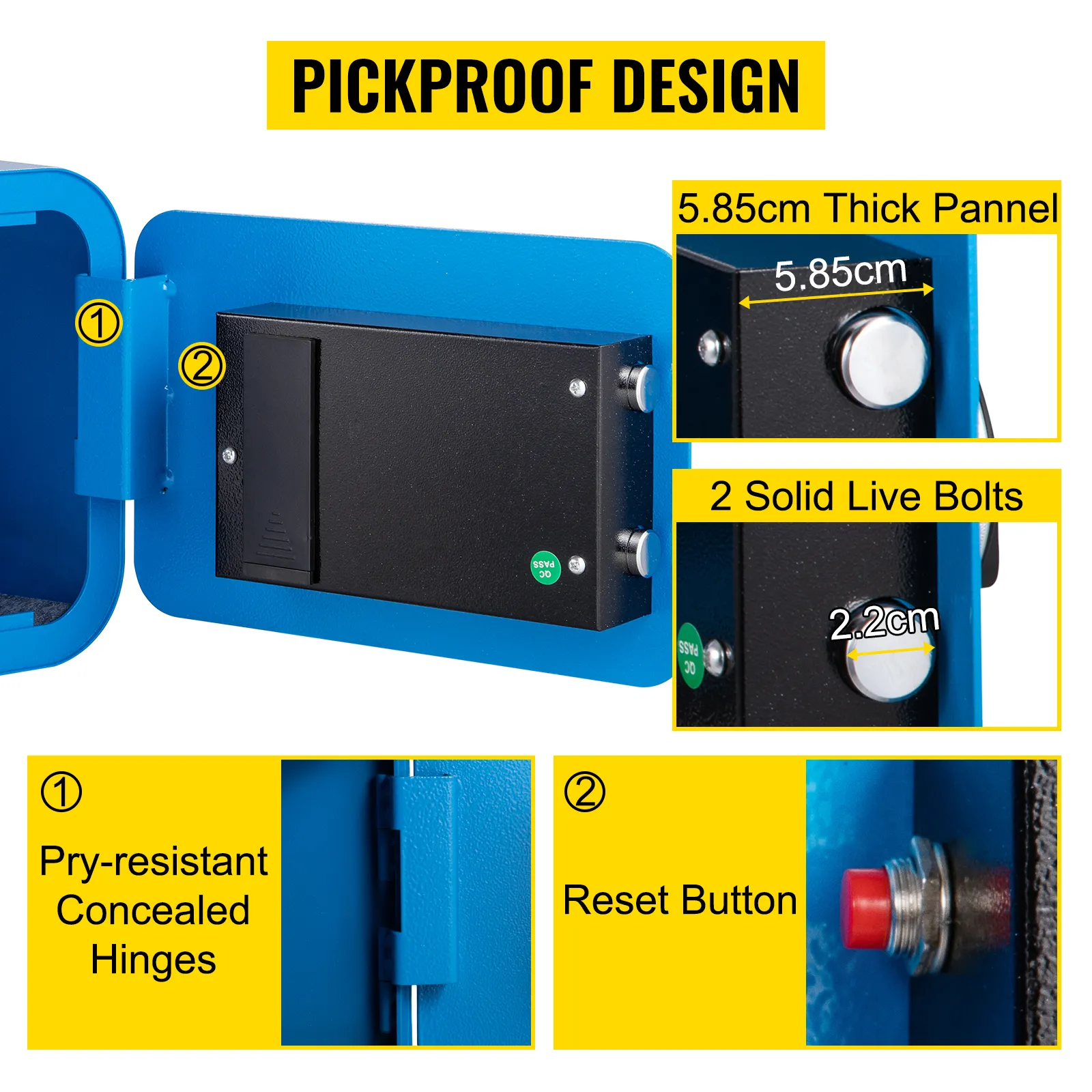 VEVOR safe box with pickproof design, thick panel, solid live bolts, and reset button.