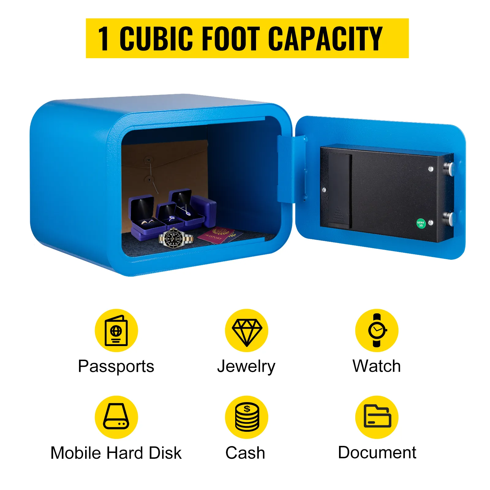VEVOR safe box in blue, open with watches, documents, and cash inside; icons below.
