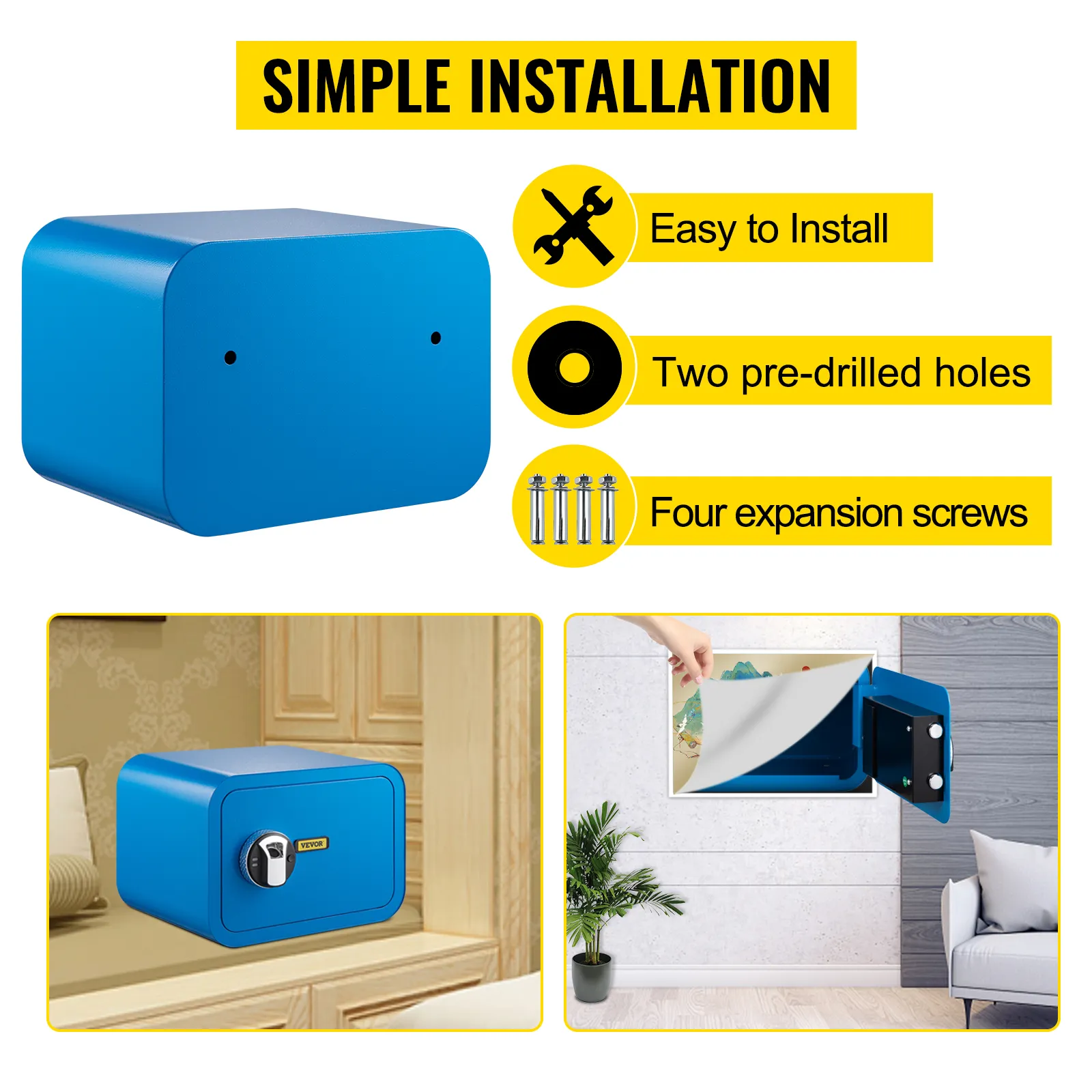 VEVOR safe box; easy installation with two pre-drilled holes and four expansion screws.
