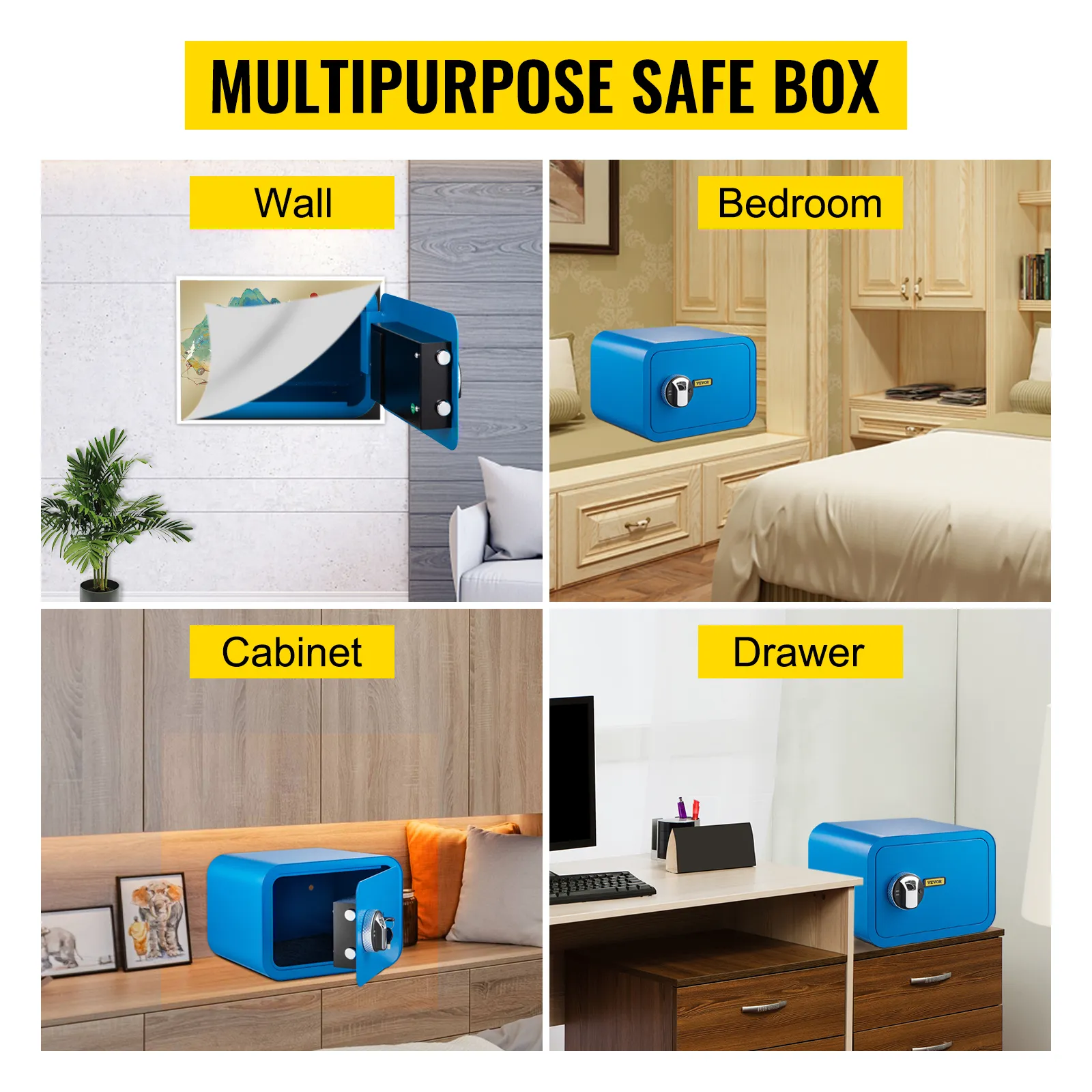 multipurpose VEVOR safe box for wall, bedroom, cabinet, and drawer use.
